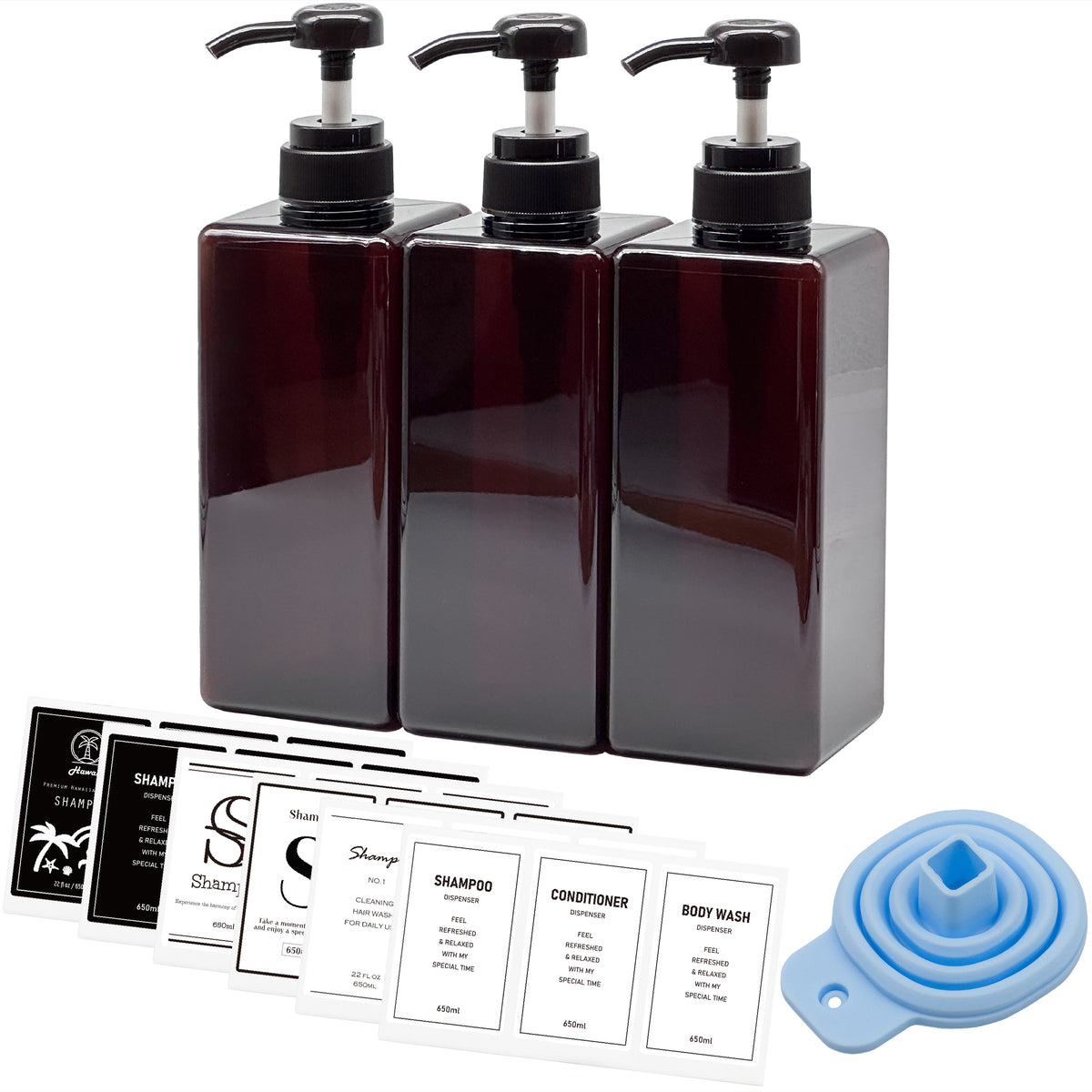 [ネセクト] シャンプーボトル ディスペンサー 大容量650ml クリア3本セット ラベルシート付属 詰め替えボトルシンプルデザイン ホテル プッシュ式 [1年保証] - 画像2