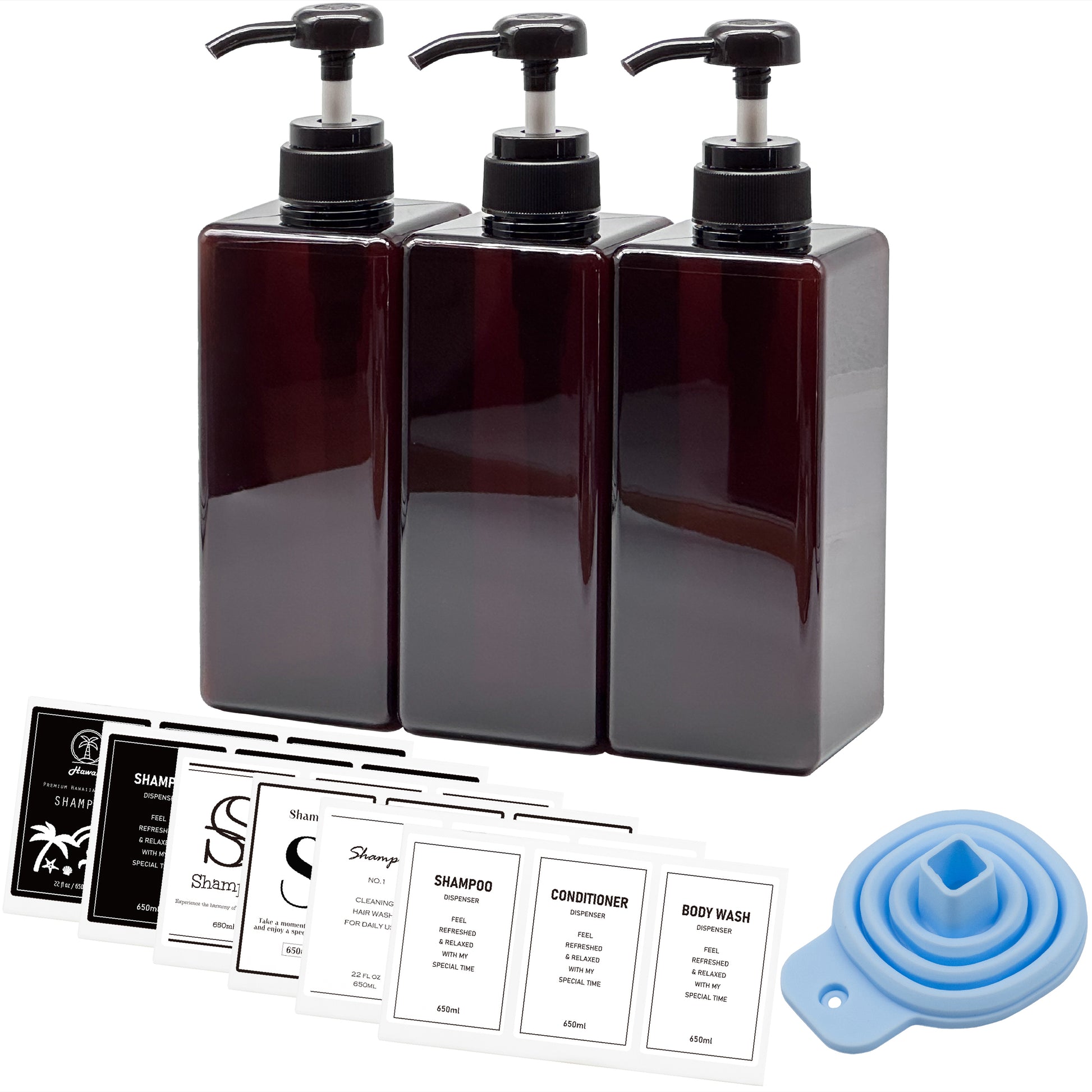 [ネセクト] シャンプーボトル ディスペンサー 大容量650ml クリア3本セット ラベルシート付属 詰め替えボトルシンプルデザイン ホテル プッシュ式 [1年保証] - 画像2