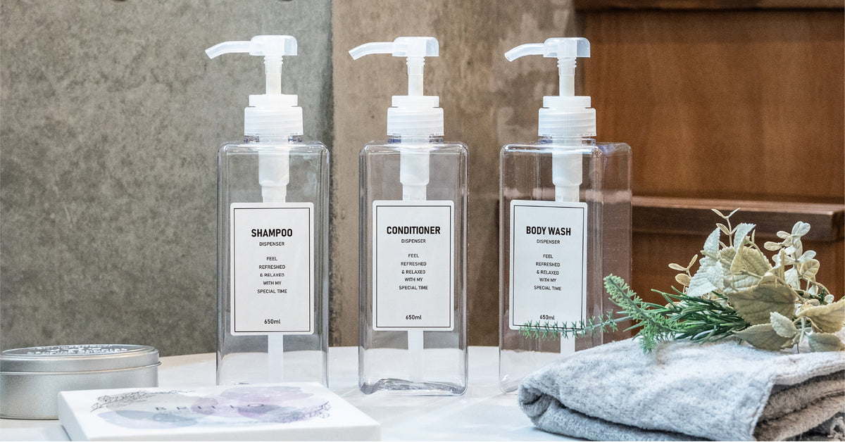 [ネセクト] シャンプーボトル ディスペンサー 大容量650ml クリア3本セット ラベルシート付属 詰め替えボトルシンプルデザイン ホテル プッシュ式 [1年保証] - 画像8