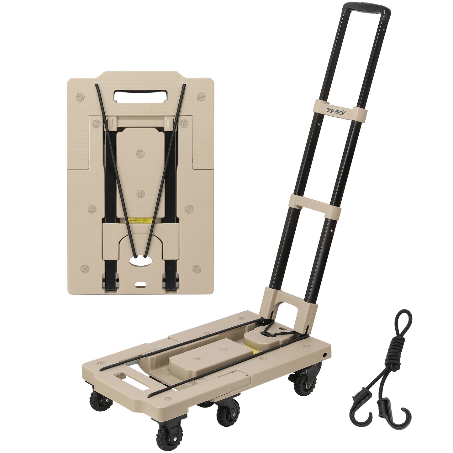 [ネセクト] 折りたたみ式台車 ストッパー付き静音車輪 耐荷重150kg 軽量コンパクト 固定用ゴムロープ付属 平台車 車載 防災用[1年保証]