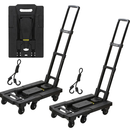 【お得な2個セット】業務用に 折りたたみ式台車 ストッパー付き静音車輪 耐荷重150kg 軽量コンパクト 固定用ゴムロープ付属 平台車 車載 防災用[日本国内企画品 1年保証]