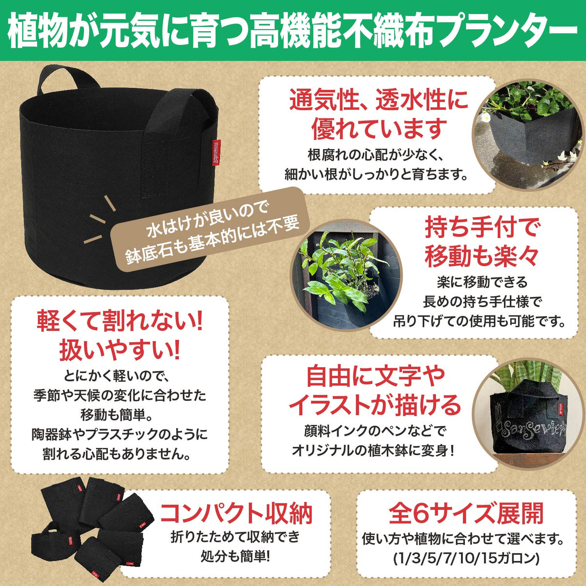 [ネセクト]不織布プランター 6枚入り 根域制限 ベランダ栽培 野菜栽培 果樹苗木 鉢カバー プランターカバー[1年保証] - 画像2