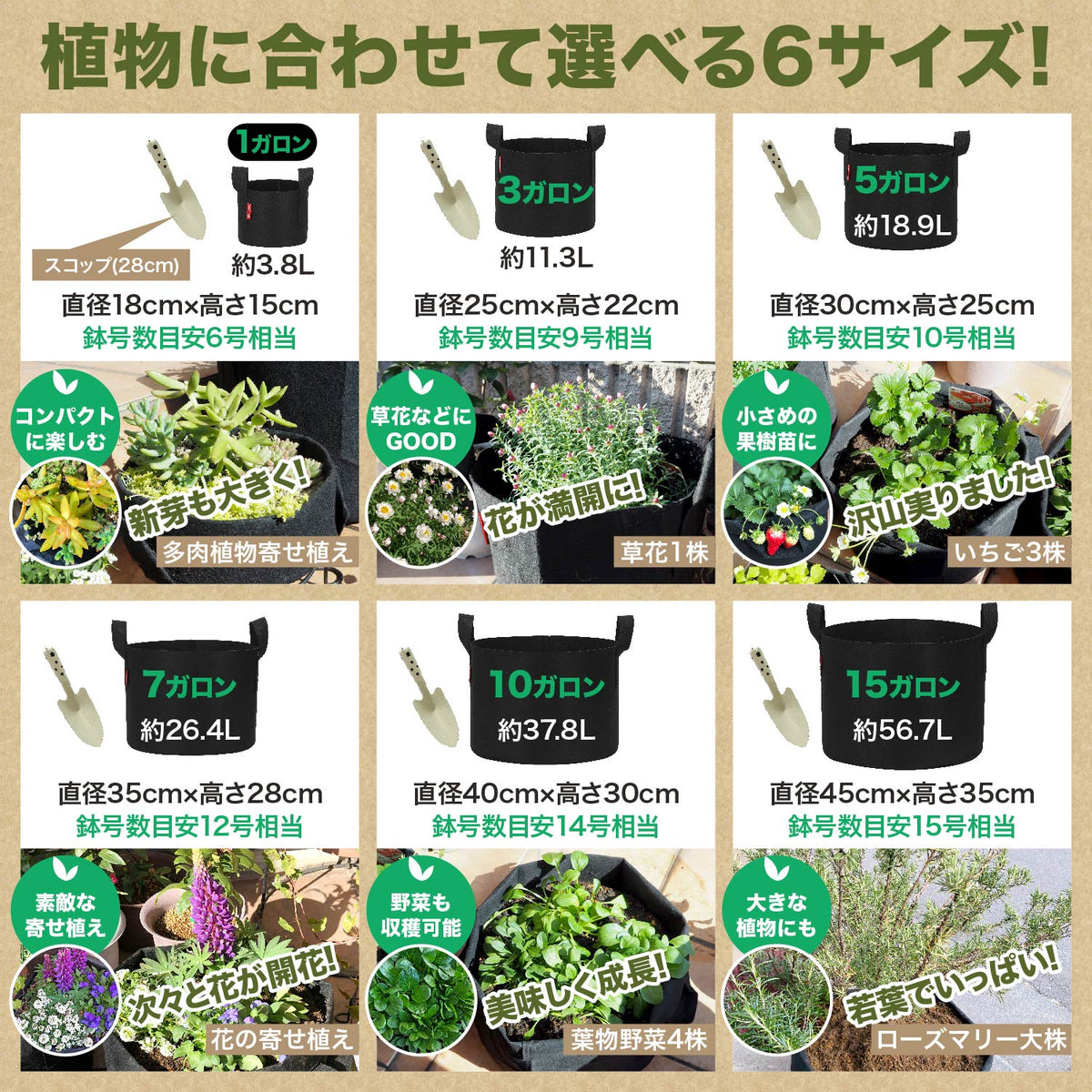 [ネセクト]不織布プランター 6枚入り 根域制限 ベランダ栽培 野菜栽培 果樹苗木 鉢カバー プランターカバー[1年保証] - 画像3