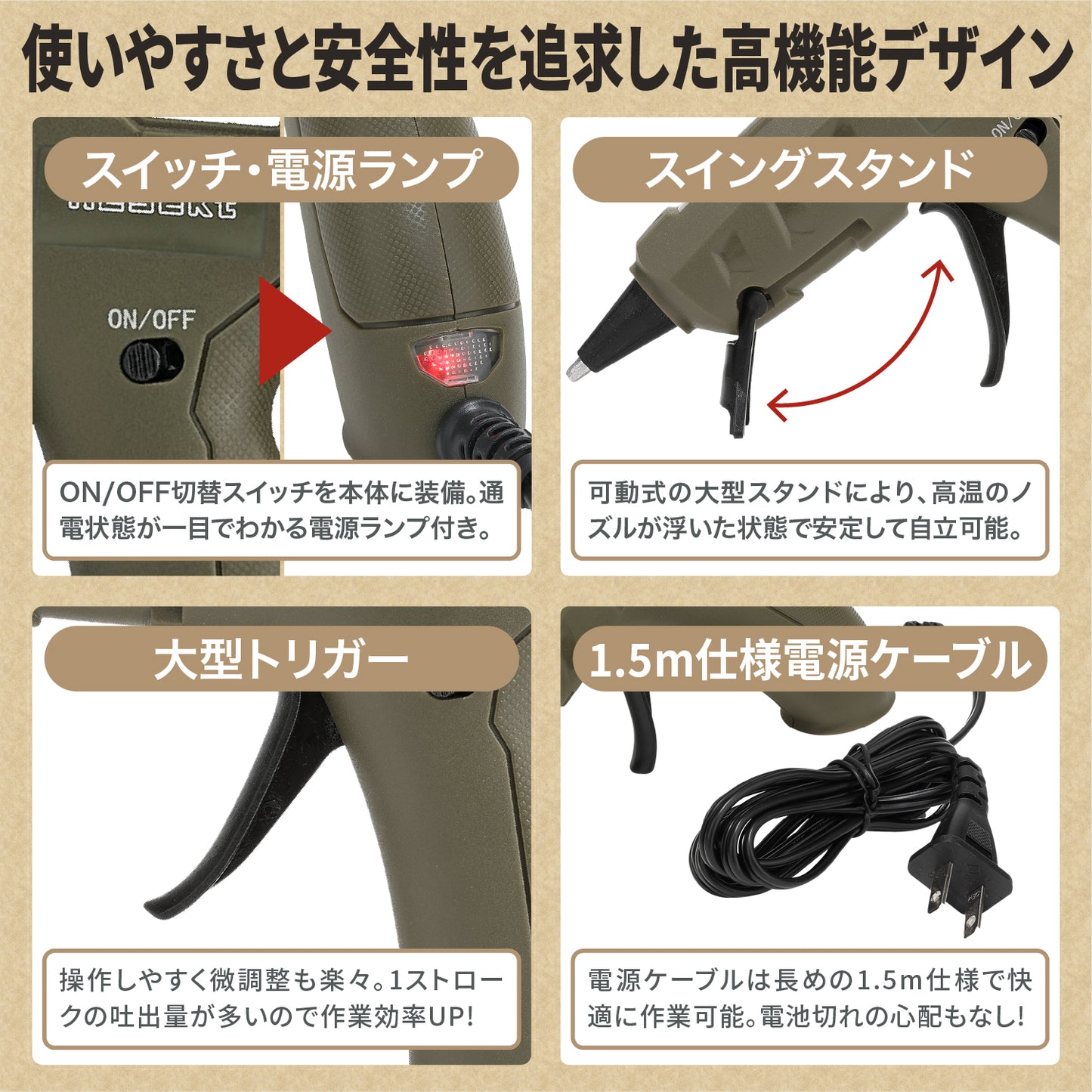 [ネセクト] 強力グルーガンセット AC100V/50W 専用収納ケース グルースティック白&黒 30本付 DIY[日本企画3年保証]