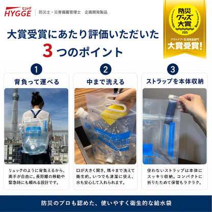 [ネセクト]【防災グッズ大賞2026 大賞受賞】ヒュッゲ フレックスウォーターバッグ 10L 給水バッグ 洗える 背負える 折りたたみ トリプルジップ 自立式 給水コック付 食品衛生法適合 [日本国内企画品 1年保証] - 商品説明画像3