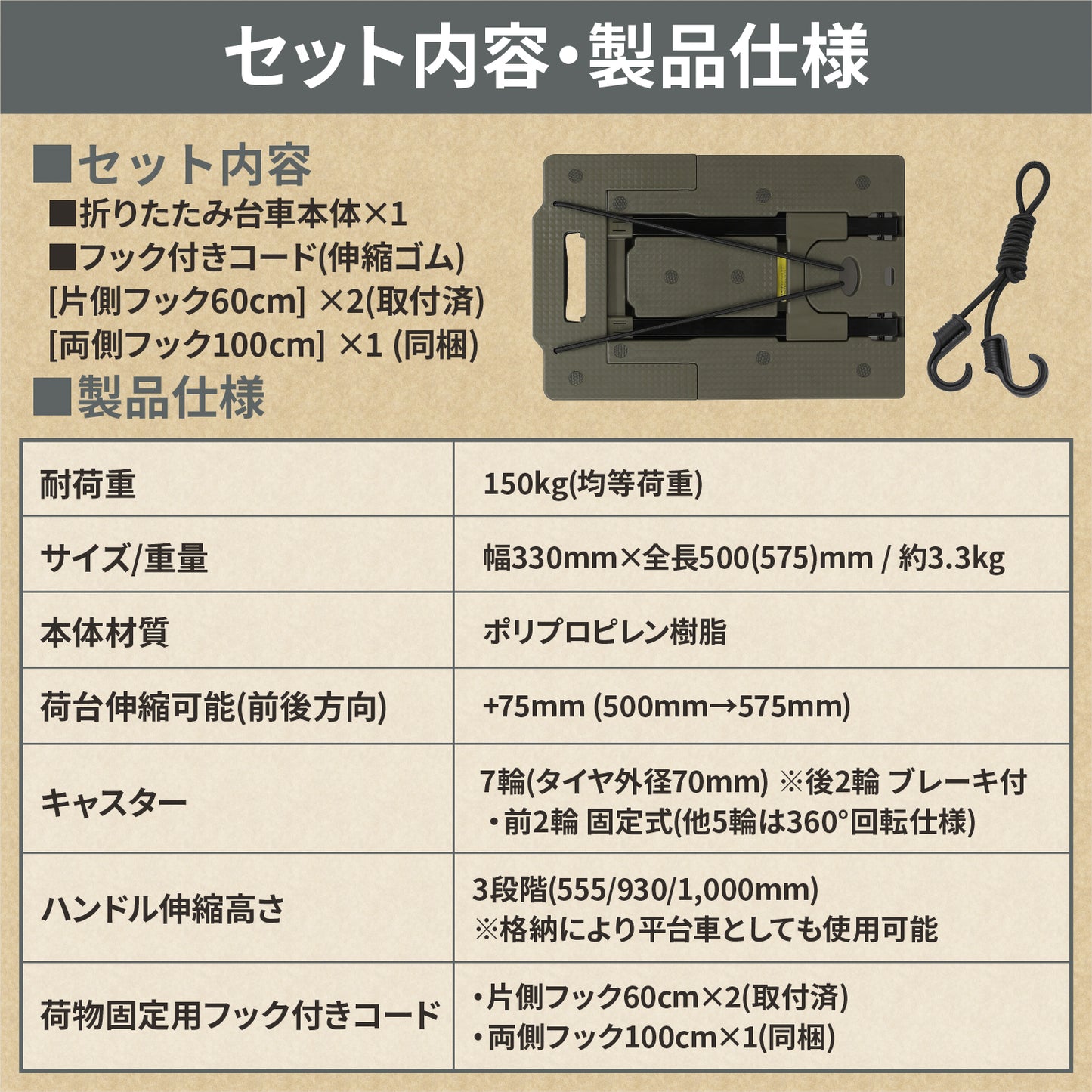 [ネセクト] 折りたたみ式台車 ストッパー付き静音車輪 耐荷重150kg 軽量コンパクト 固定用ゴムロープ付属 平台車 車載 防災用[日本国内企画品 3年保証]