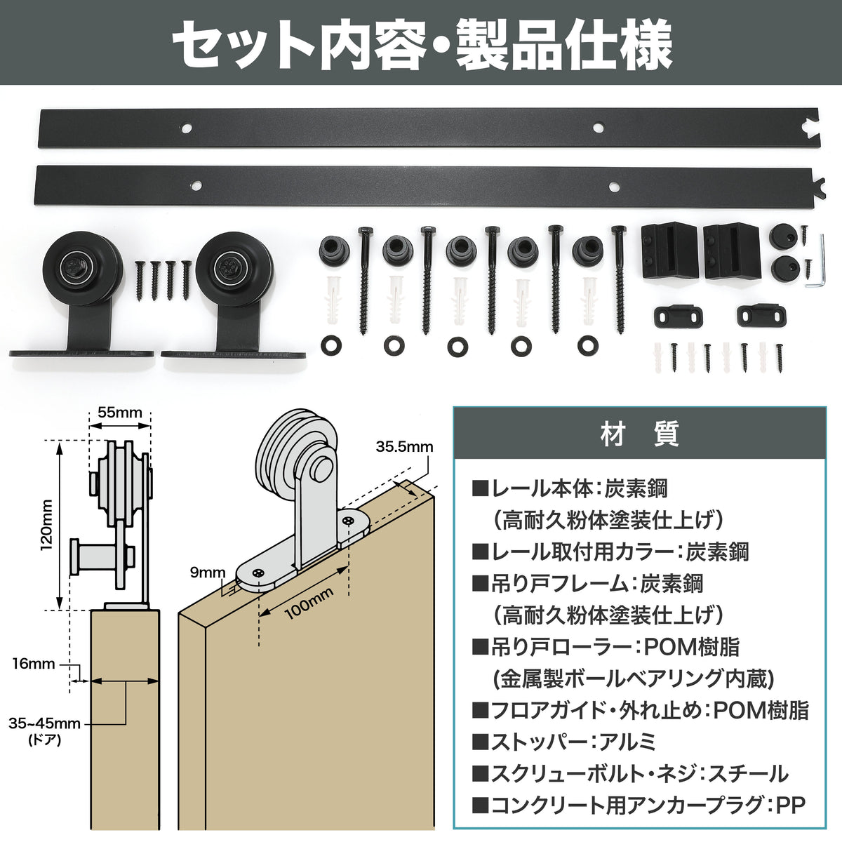 吊り引き戸レールキット 設計安全耐荷重100kg 安全試験実施済ドア用金物 ドアヒンジ [日本国内企画品] - 画像5