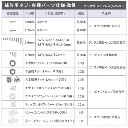 [ネセクト] メガネ用 小ネジキット 専用小分けケース入り ナットノーズパッド 眼鏡修理 精密ドライバー ピンセット クロス付 [1年保証]