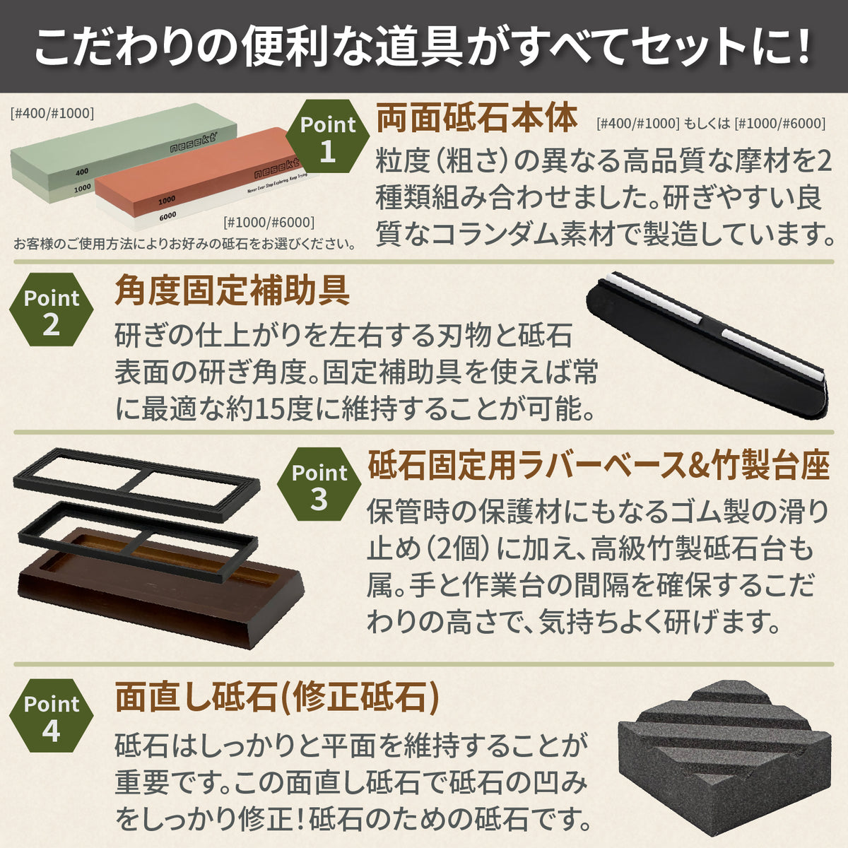 [ネセクト] 両面砥石セット 面直し 台座 刃物固定具付属 包丁砥石 業務用 家庭用 仕上 切れ味回復[1年保証] - 画像4