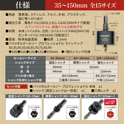 [ネセクト]バイメタルホールソー プロフェッショナル JIS SKH59 HSS鋼センタードリル 不等ピッチ刃 高速切削＆高耐久[日本国内企画品]
