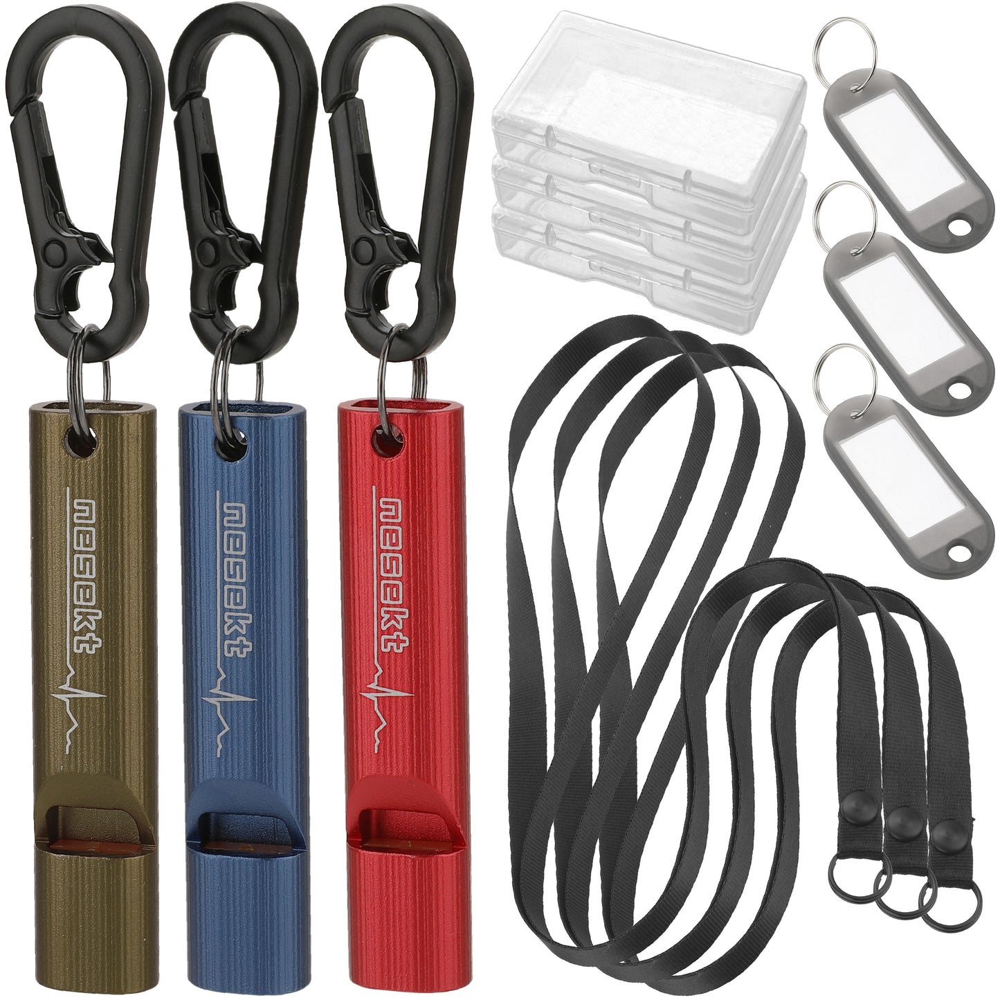 ホイッスル 5本セット 笛 エマージェンシーホイッスル 防災 防犯 アウトドア 軽く吹ける 大音量 緊急用 ストラップ カラビナ ネームプレート付属 小型軽量アルミA6063 食品衛生法適合品[1年保証]