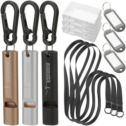 ホイッスル 5本セット 笛 エマージェンシーホイッスル 防災 防犯 アウトドア 軽く吹ける 大音量 緊急用 ストラップ カラビナ ネームプレート付属 小型軽量アルミA6063 食品衛生法適合品[1年保証]