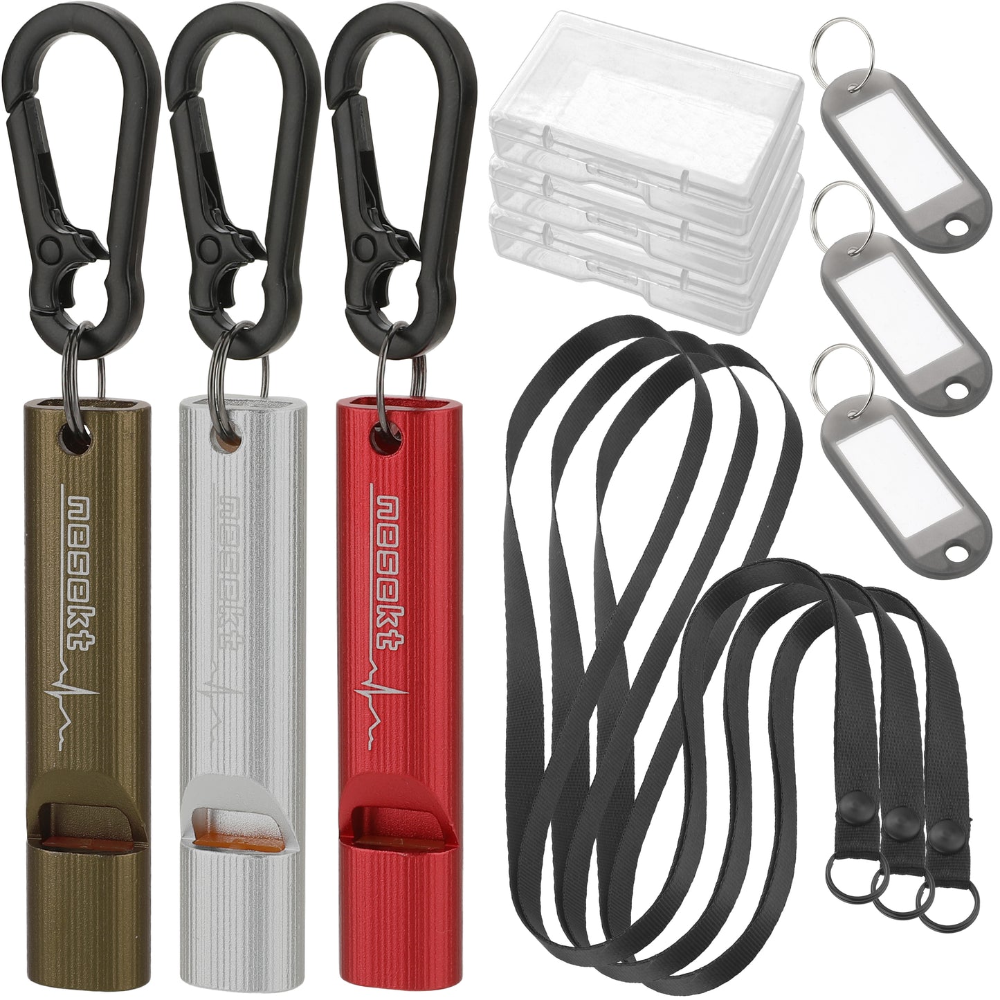 ホイッスル 5本セット 笛 エマージェンシーホイッスル 防災 防犯 アウトドア 軽く吹ける 大音量 緊急用 ストラップ カラビナ ネームプレート付属 小型軽量アルミA6063 食品衛生法適合品[1年保証]