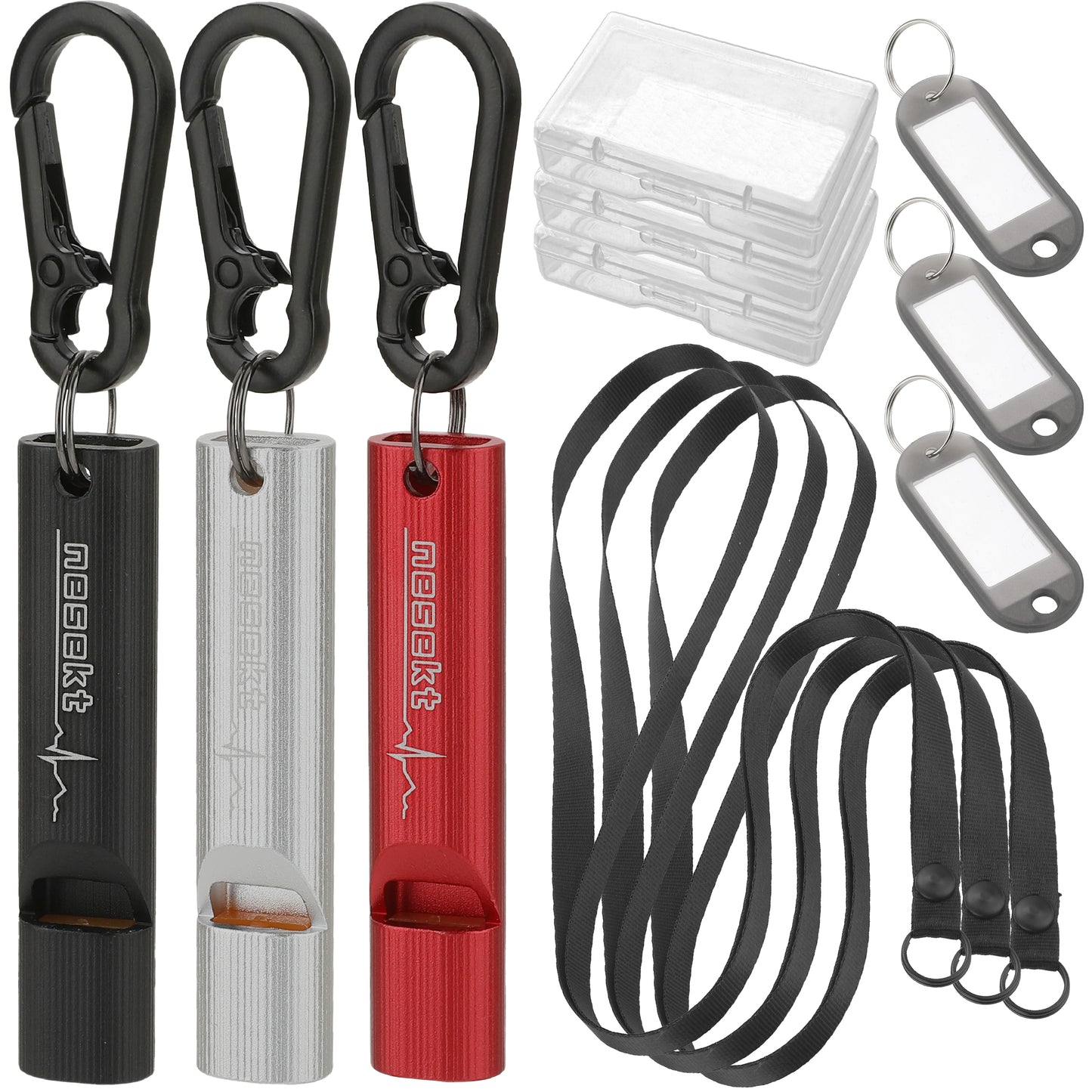 ホイッスル 5本セット 笛 エマージェンシーホイッスル 防災 防犯 アウトドア 軽く吹ける 大音量 緊急用 ストラップ カラビナ ネームプレート付属 小型軽量アルミA6063 食品衛生法適合品[1年保証]