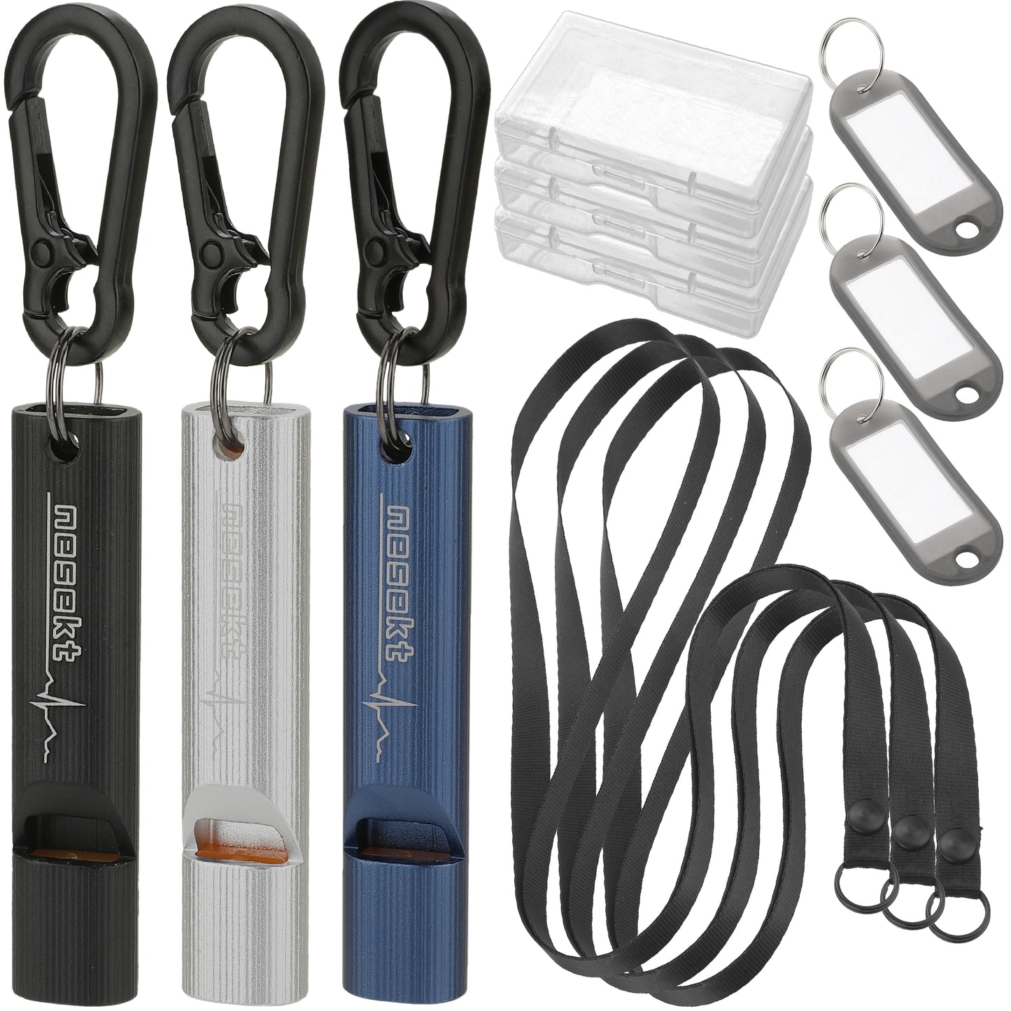 ホイッスル 5本セット 笛 エマージェンシーホイッスル 防災 防犯 アウトドア 軽く吹ける 大音量 緊急用 ストラップ カラビナ ネームプレート付属 小型軽量アルミA6063 食品衛生法適合品[1年保証]