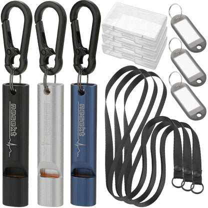 ホイッスル 5本セット 笛 エマージェンシーホイッスル 防災 防犯 アウトドア 軽く吹ける 大音量 緊急用 ストラップ カラビナ ネームプレート付属 小型軽量アルミA6063 食品衛生法適合品[1年保証]