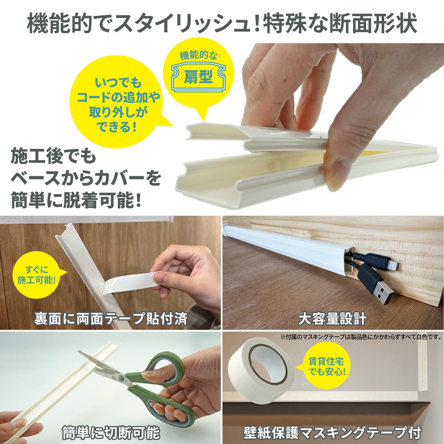 [ネセクト] 両面テープ貼付済 配線カバーセット 40cm直線モール12本(4.8m)+ジョイントパーツ5種類+壁紙保護用マスキングテープ付 [1年保証] - 画像4