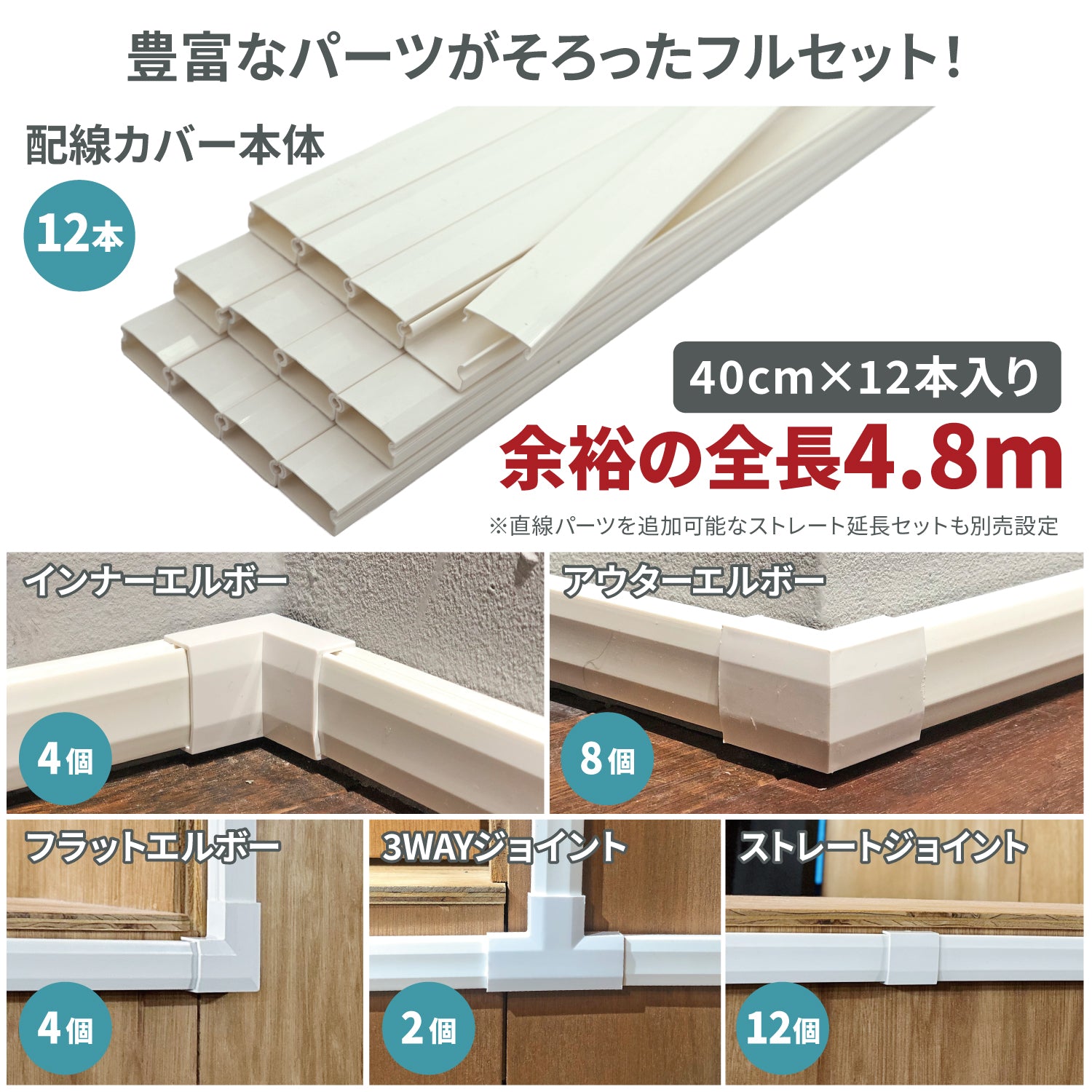 [ネセクト] 両面テープ貼付済 配線カバーセット 40cm直線モール12本(4.8m)+ジョイントパーツ5種類+壁紙保護用マスキングテープ付 [1年保証] - 画像5