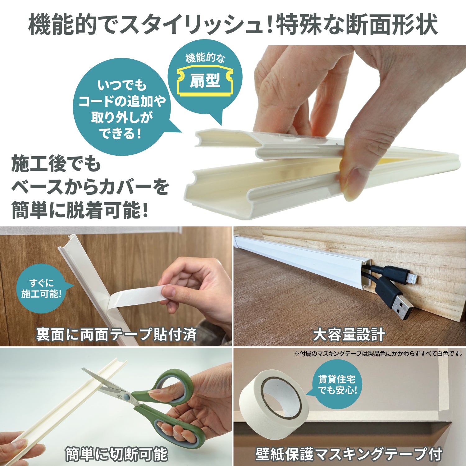 [ネセクト] 両面テープ貼付済 配線カバーセット 40cm直線モール10本(4.0m)+ストレートジョイント10個+壁紙保護用マスキングテープ付 [日本国内企画品] (ホワイト, ストレート延長セット) - 画像3