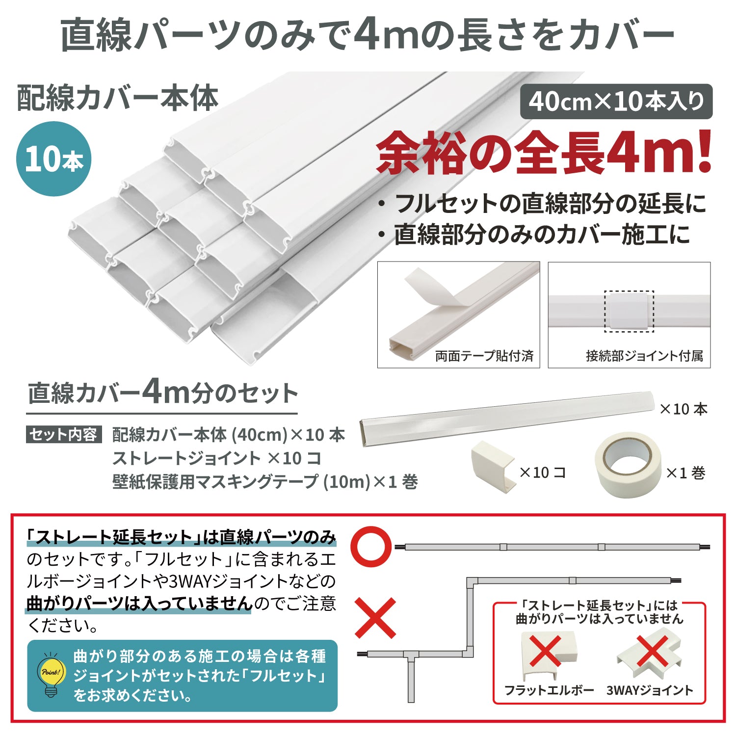 [ネセクト] 両面テープ貼付済 配線カバーセット 40cm直線モール10本(4.0m)+ストレートジョイント10個+壁紙保護用マスキングテープ付 [日本国内企画品] (ホワイト, ストレート延長セット) - 画像4