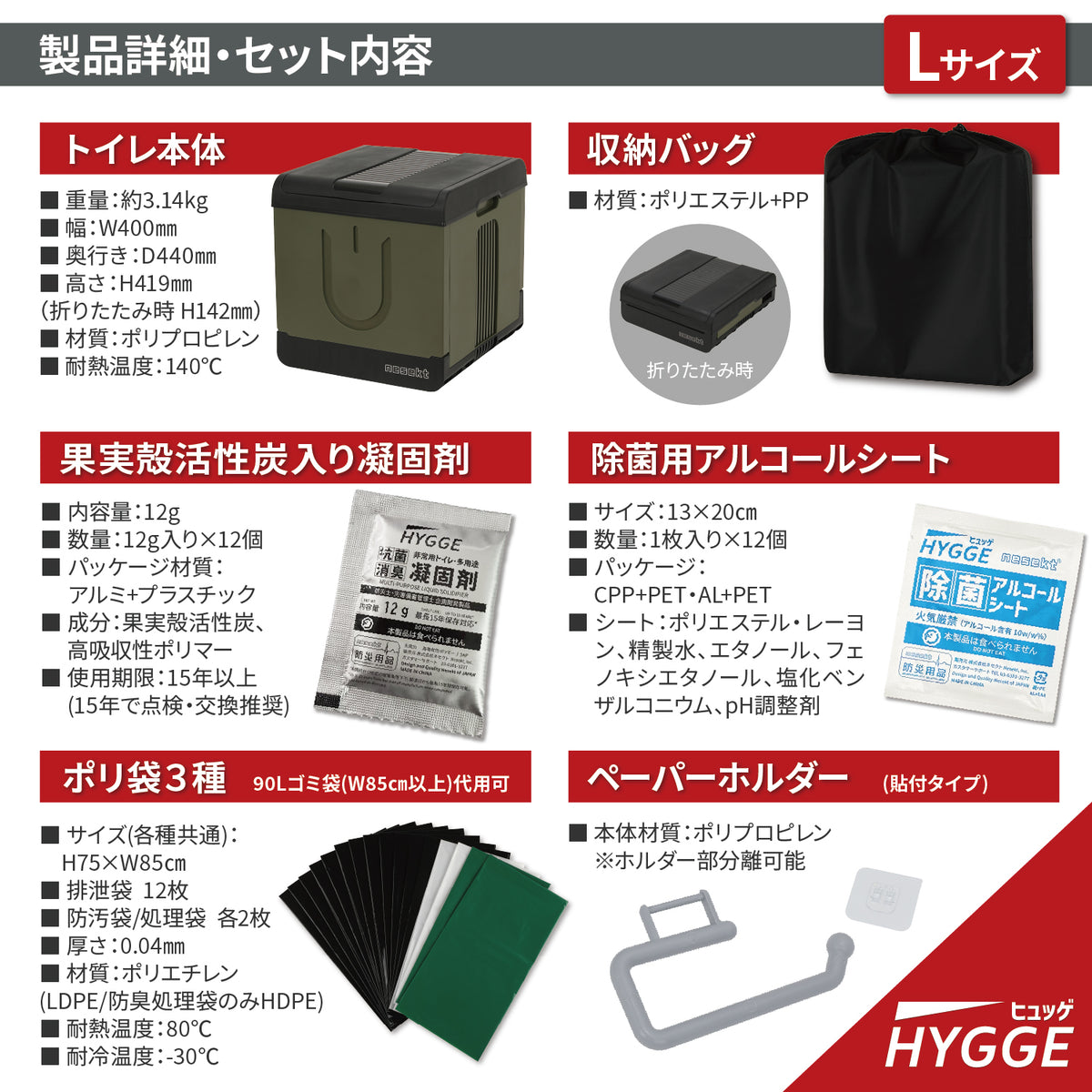 【防災士企画開発品/ネセクト】 非常用トイレ ヒュッゲ 簡易トイレ 防災用 耐荷重100/110/120kg 果実殻活性炭配合凝固剤・処理袋12回分 アルコール除菌シート ペーパーホルダー付属 折りたたみ 【日本国内企画品】