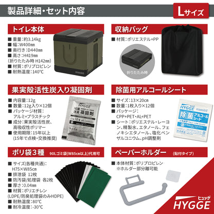【防災士企画開発品/ネセクト】 非常用トイレ ヒュッゲ 簡易トイレ 防災用 耐荷重100/110/120kg 果実殻活性炭配合凝固剤・処理袋12回分 アルコール除菌シート ペーパーホルダー付属 折りたたみ 【日本国内企画品】