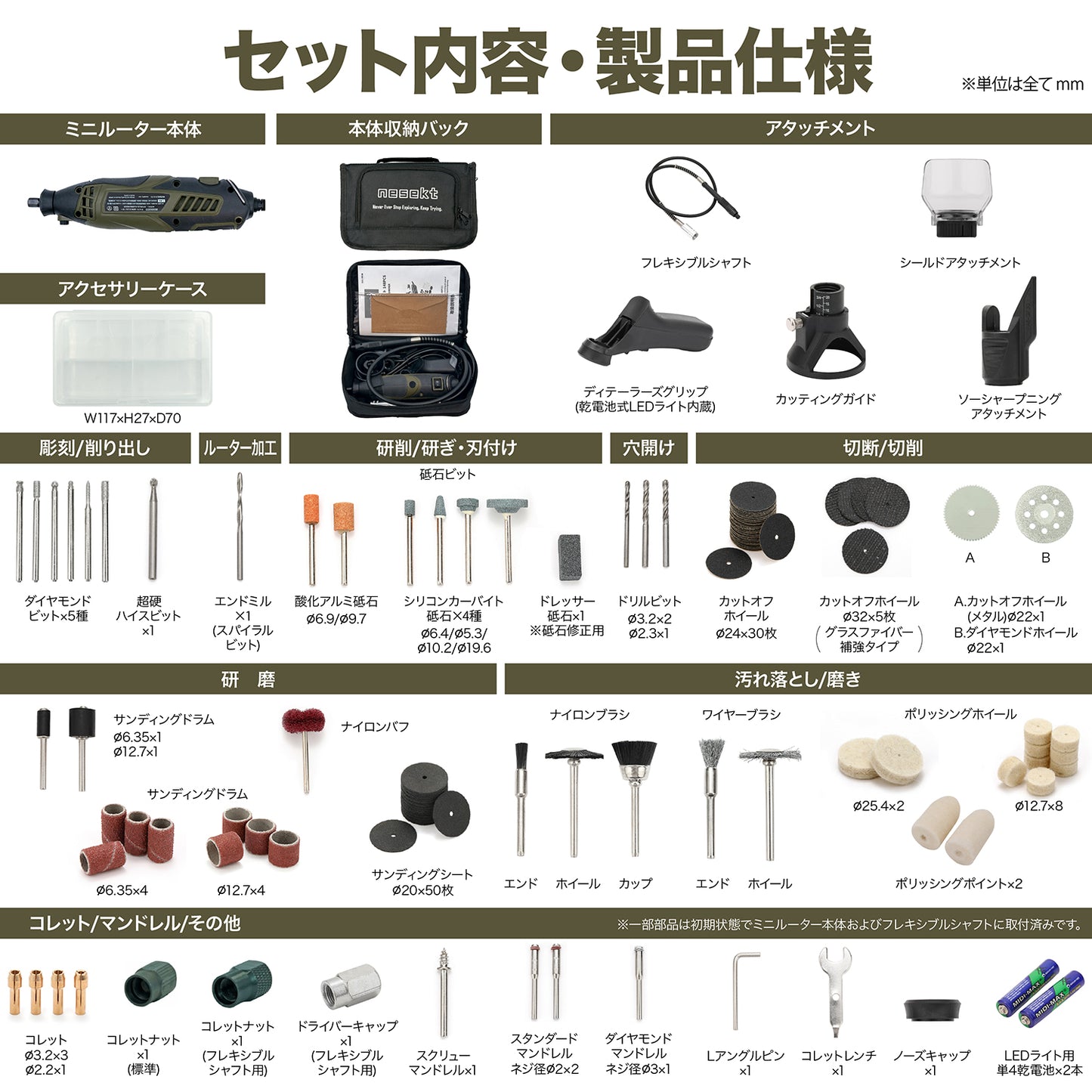[ネセクト] ミニルーター リューター 148点 フルセット AC100V 彫刻/穴あけ/研磨/切断/切削/汚れ落とし [日本国内企画品 3年保証]