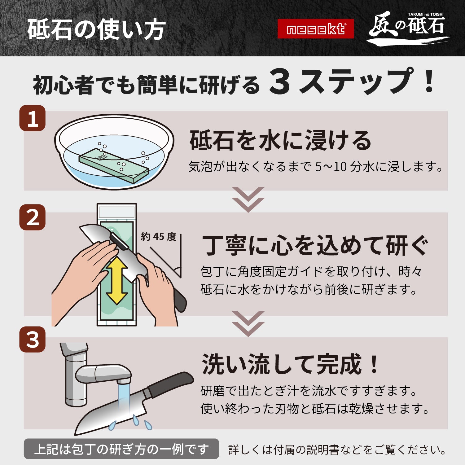 [ネセクト] 匠の砥石 S-Basic Set  砥石 高品質コランダム砥石 刃こぼれ修復 鏡面仕上げ 切れ味回復 包丁砥ぎ 砥石台兼用プラスチックケース＆角度固定ガイド付属  [日本国内企画品 1年保証] - 画像10