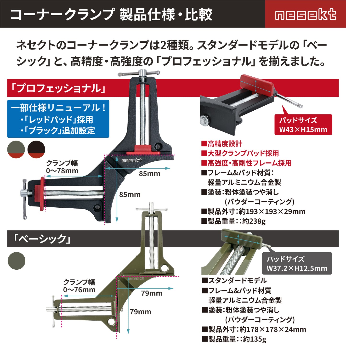 [ネセクト] コーナークランプ プロフェッショナル 粉体塗装 高精度アルミ合金 木工DIY 直角固定[1年保証]