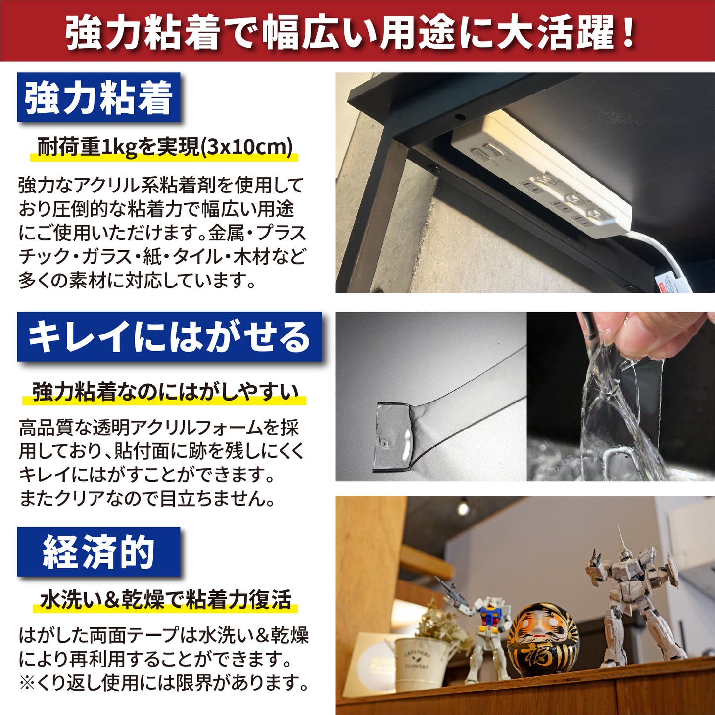 [ネセクト] 強力両面テープ 防災テープ 転倒防止 落下防止 地震対策 アクリル 透明 剥がせる[1年保証]