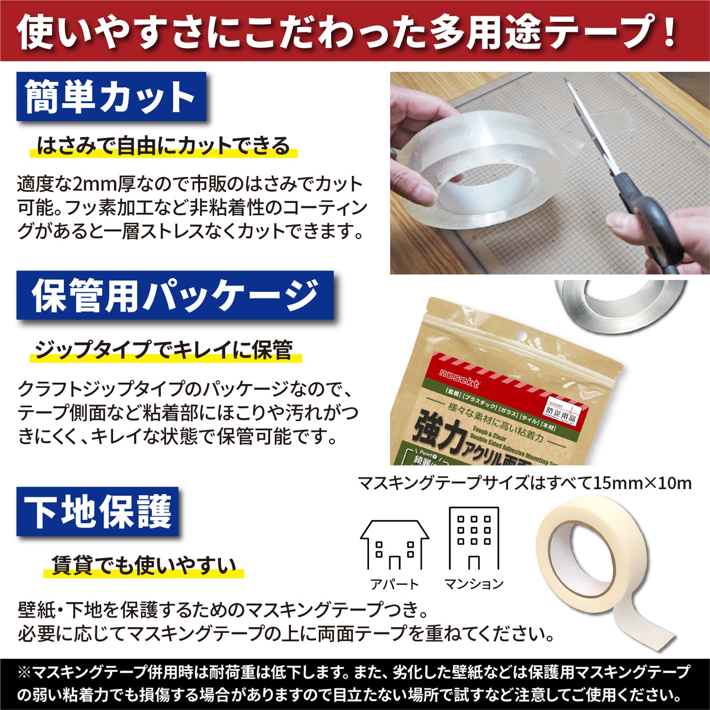 [ネセクト] 強力両面テープ 防災テープ 転倒防止 落下防止 地震対策 アクリル 透明 剥がせる[1年保証]