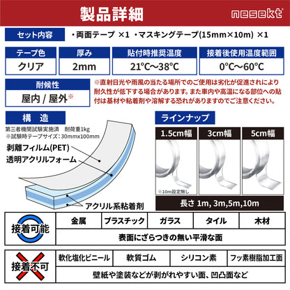 [ネセクト] 強力両面テープ 防災テープ 転倒防止 落下防止 地震対策 アクリル 透明 剥がせる[1年保証]