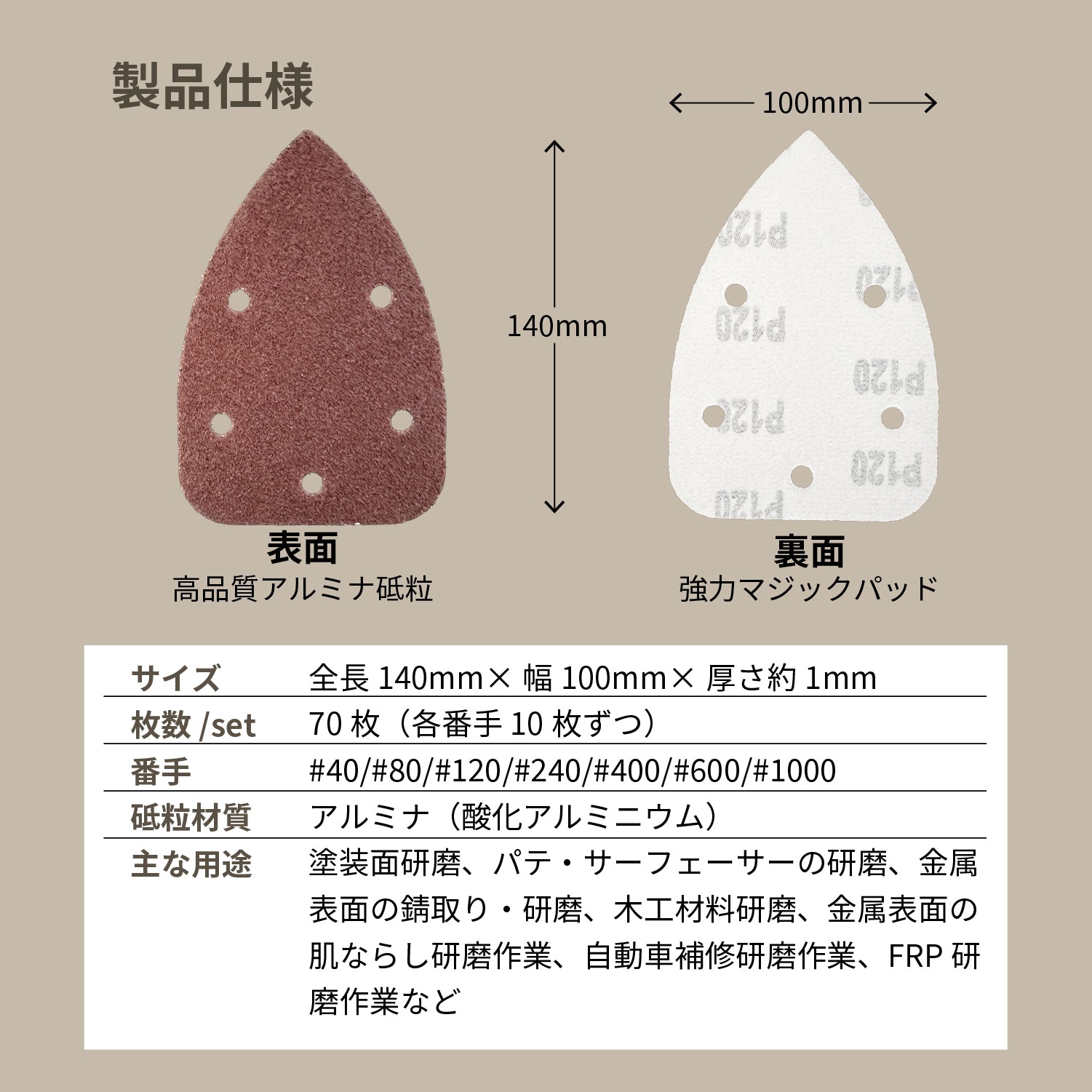 サンディングペーパー 70枚セット デルタ型140×100mm 吸塵穴つき マジックタイプ (デルタサンダー・電動サンダー用)[日本国内企画品] - 画像7