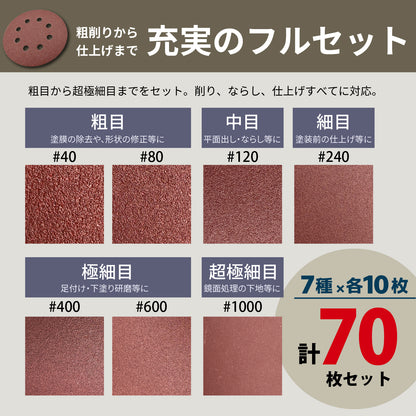サンディングディスク 70枚セット 丸型Φ125mm 吸塵穴つき マジックタイプ (ランダムサンダー・電動サンダー用)[日本国内企画品]