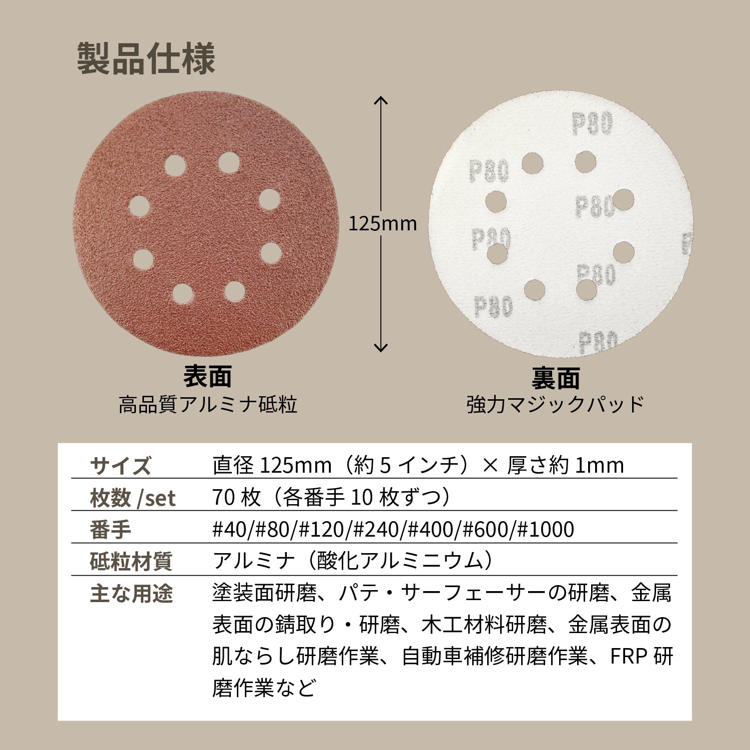サンディングディスク 70枚セット 丸型Φ125mm 吸塵穴つき マジックタイプ (ランダムサンダー・電動サンダー用)[日本国内企画品] - 画像7