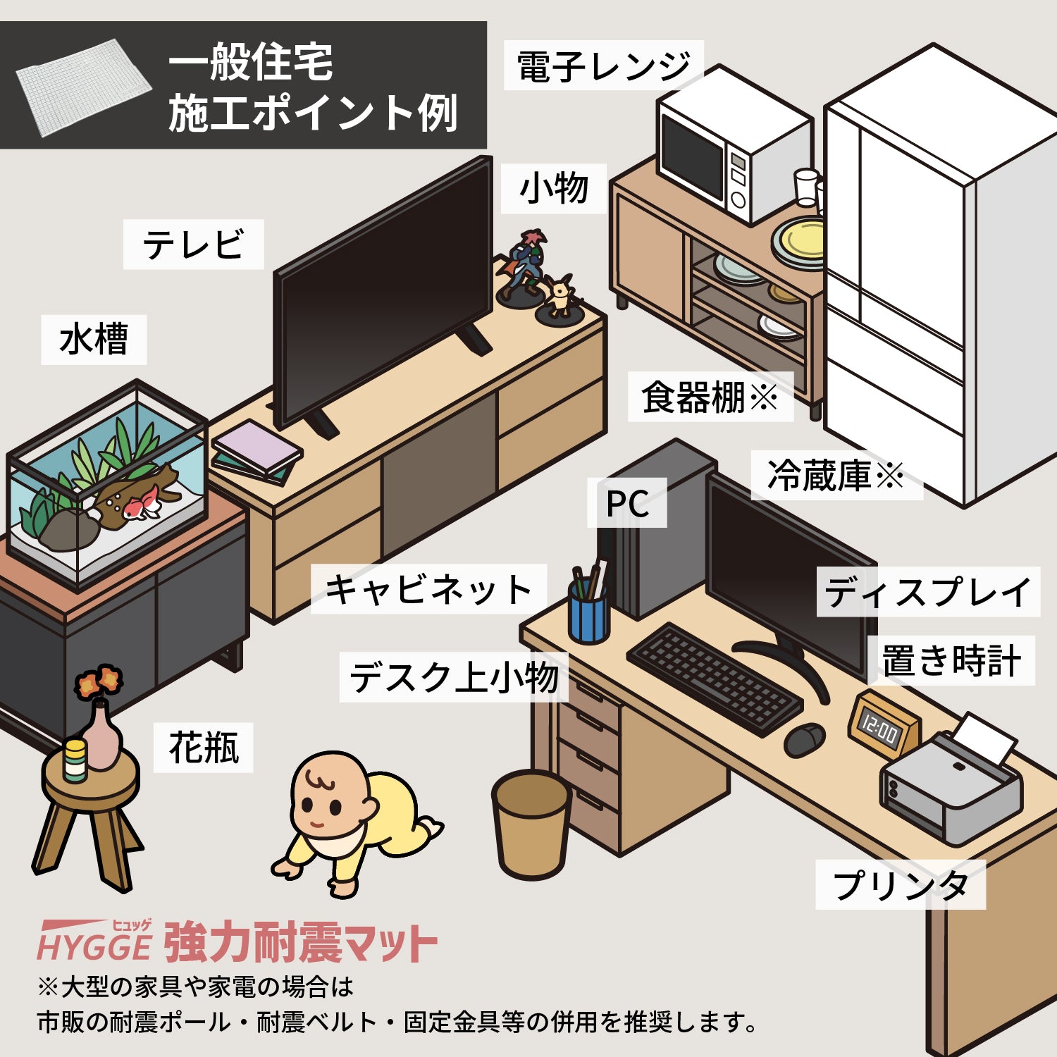 [ネセクト]【防災グッズ大賞2026 優秀賞】ヒュッゲ 強力耐震マット フリーカット 300×200×5mm 耐荷重900kg 震度7クラス対応 耐震ジェル 家具・家電の転倒防止 クリーニングクロス付 [日本国内企画品 1年保証] - 商品画像4