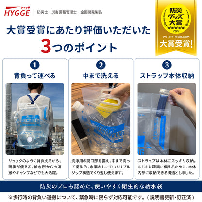 [ネセクト]【防災グッズ大賞2026 大賞受賞】ヒュッゲ フレックスウォーターバッグ 10L 給水バッグ 洗える 背負える 折りたたみ トリプルジップ 自立式 給水コック付 食品衛生法適合 [日本国内企画品 1年保証]