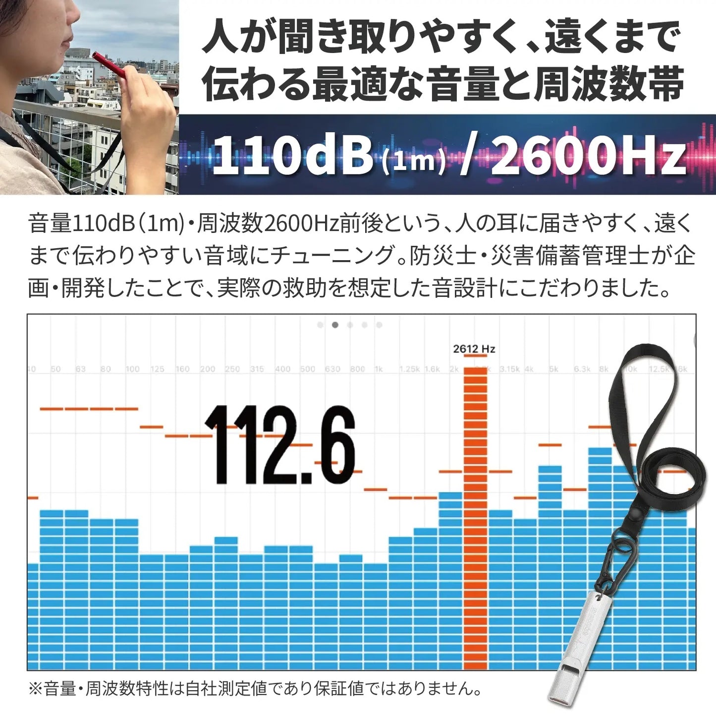 [ネセクト]【防災グッズ大賞2026 優秀賞】エマージェンシーホイッスル 防災ホイッスル 緊急用 大音量110dB 2600Hz アルミA6063 カラビナ・ストラップ・ネームプレート付 [日本国内企画品 1年保証] - 商品説明画像4