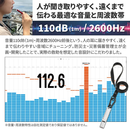 [ネセクト]【防災グッズ大賞2026 優秀賞】エマージェンシーホイッスル 防災ホイッスル 緊急用 大音量110dB 2600Hz アルミA6063 カラビナ・ストラップ・ネームプレート付 [日本国内企画品 1年保証] - 商品説明画像4
